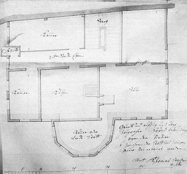 Plan von 1778; das von Hölderlin 1807 bezogene Turmzimmer hatte fünf Fenster