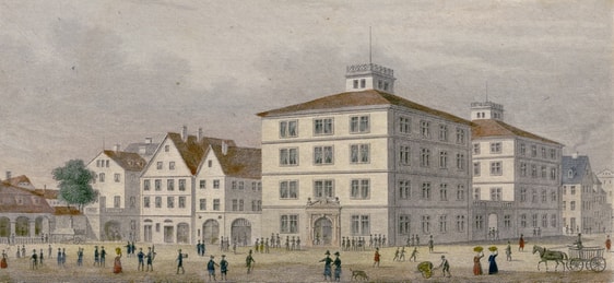 Alte Ansicht der heutigen Königstraße mit dem Gymnasium illustre, links das Haus der Familie Landauer